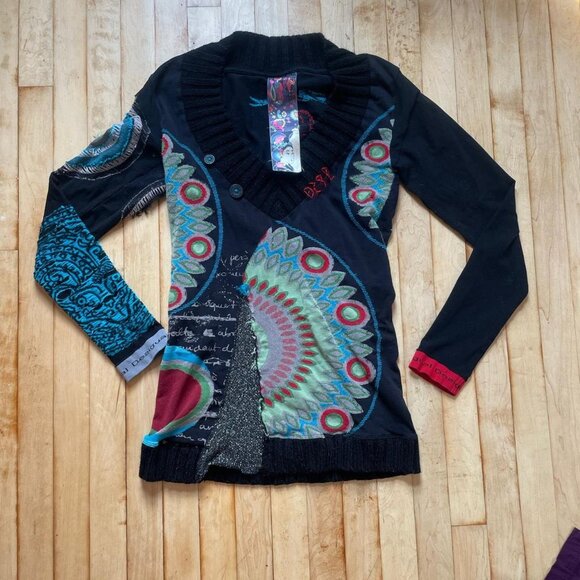 Desigual Peacock Sweater Dress Boho Mandala Print Shawl Collar S  Whimsigoth Y2K - Picture 1 of 8